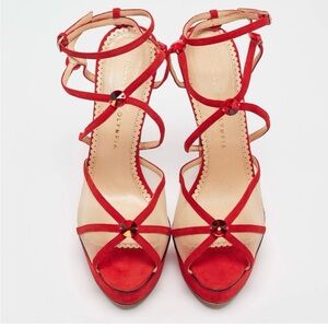 Charlotte Olympia Red Suede and Crystal Mesh Heels